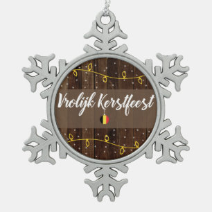 Belgian Merry Christmas, Vrolijk Kerstfeest Rustic Snowflake Pewter Christmas Ornament