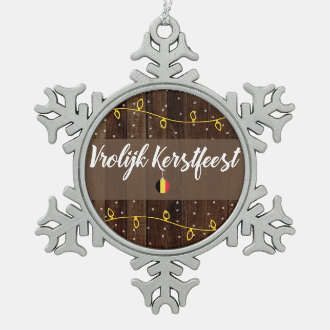 Belgian Merry Christmas, Vrolijk Kerstfeest Rustic Snowflake Pewter Christmas Ornament (Front)