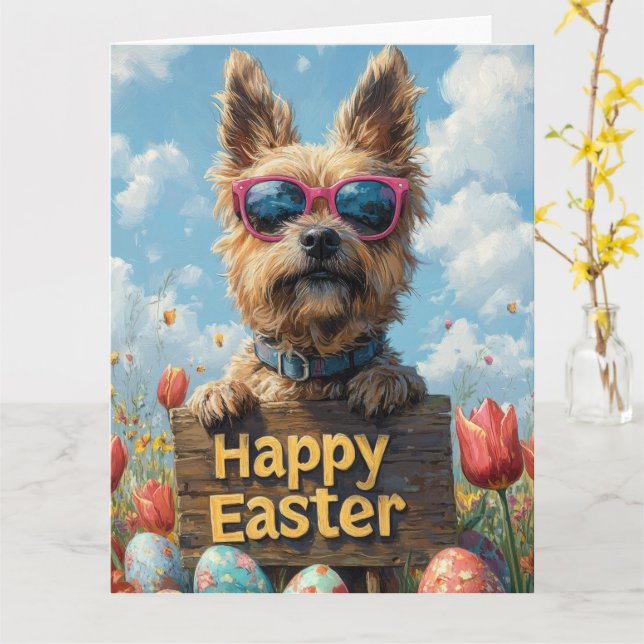 Belgian Sheepdog Easter Eggs Card (Yellow Flower)