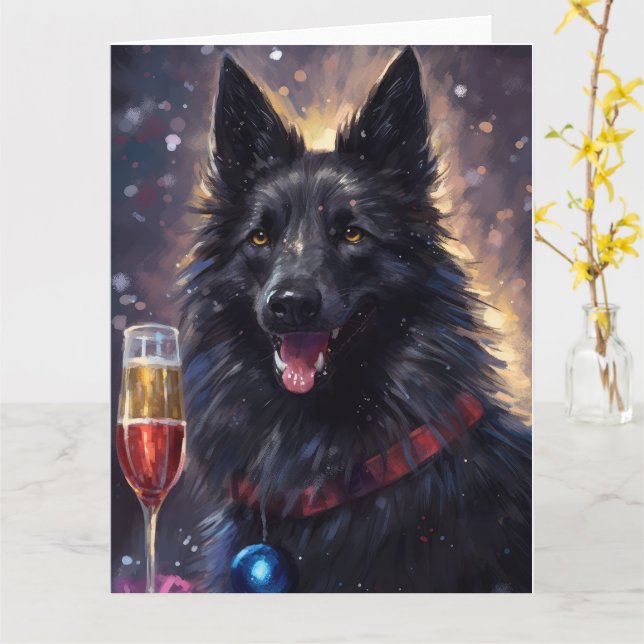 Belgian Sheepdog New Year Card (Yellow Flower)