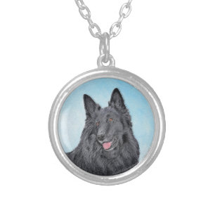 Belgian Sheepdog Painting - Cute Original Dog Art Silver Plated Necklace