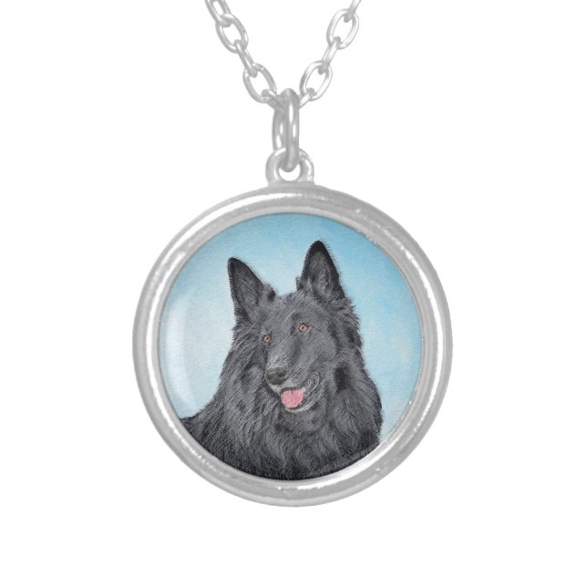 Belgian Sheepdog Painting - Cute Original Dog Art Silver Plated Necklace (Front)