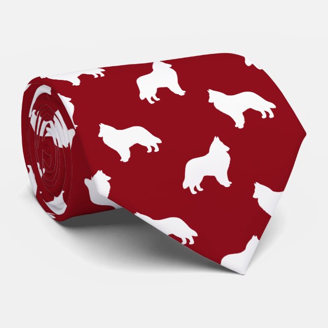 Belgian Sheepdog Silhouettes Pattern Red and White Neck Tie (Rolled)
