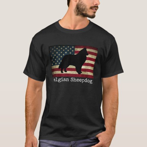 Belgian Sheepdog with American Flag T_Shirt