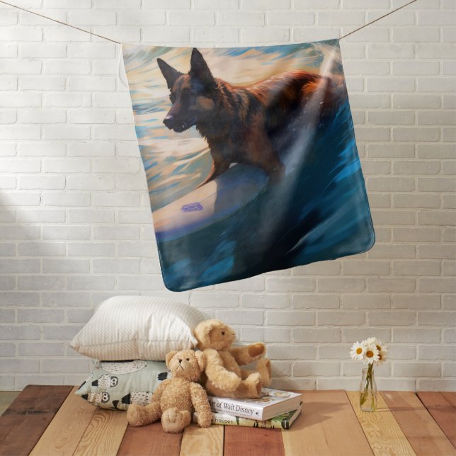 Belgian Shepherd  Beach Surfing Painting  Baby Blanket (In Situ)