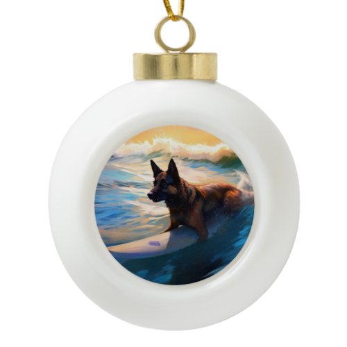 Belgian Shepherd  Beach Surfing Painting  Ceramic Ball Christmas Ornament