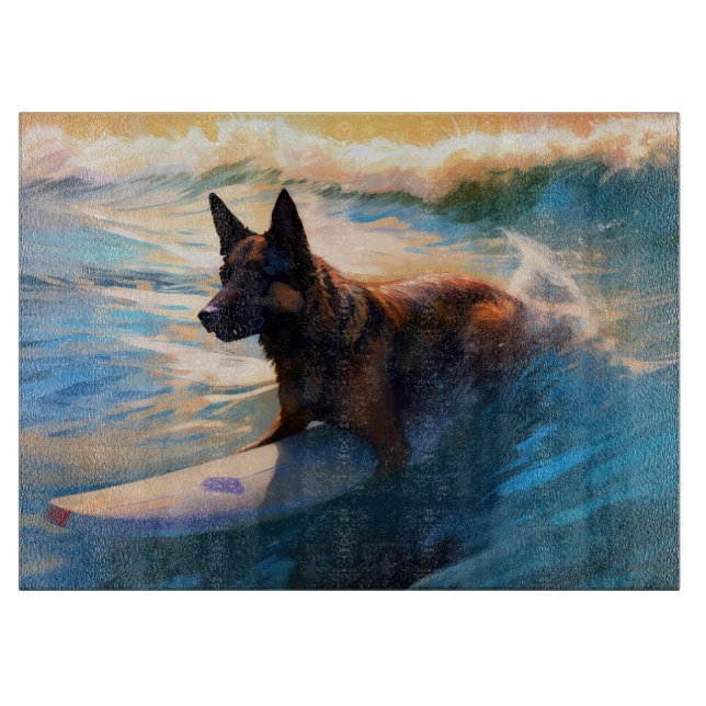 Belgian Shepherd  Beach Surfing Painting  Cutting Board (Front)