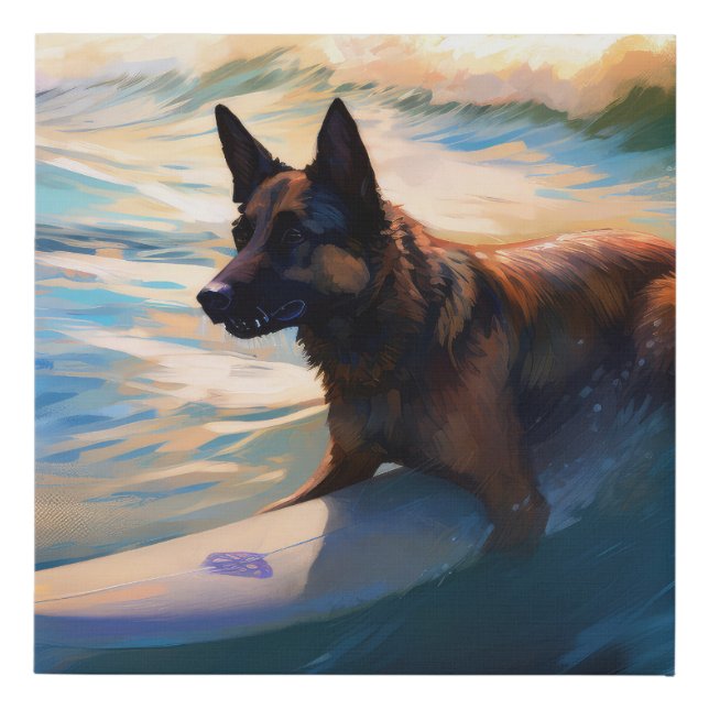 Belgian Shepherd  Beach Surfing Painting  Faux Canvas Print (Front)