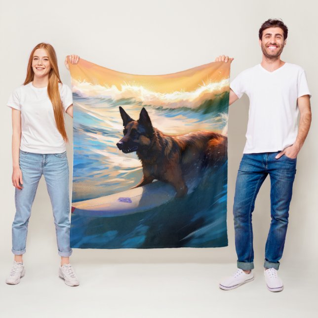 Belgian Shepherd  Beach Surfing Painting  Fleece Blanket (In Situ)