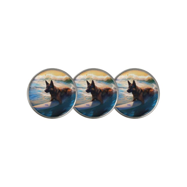 Belgian Shepherd  Beach Surfing Painting  Golf Ball Marker (3 Up)
