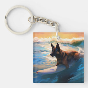 Belgian Shepherd Beach Surfing Painting Keychain