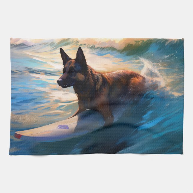 Belgian Shepherd  Beach Surfing Painting  Kitchen Towel (Horizontal)