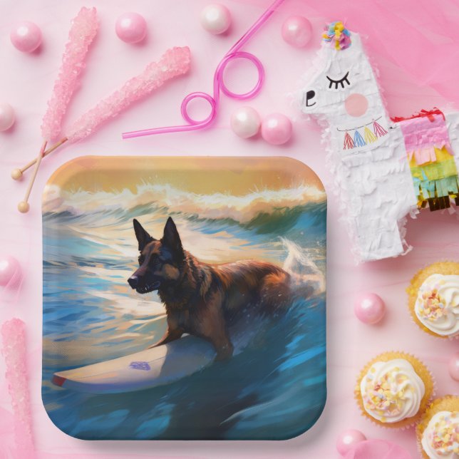 Belgian Shepherd  Beach Surfing Painting  Paper Plates (Party)
