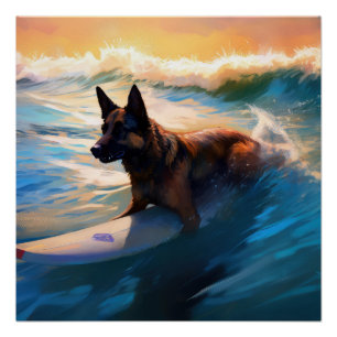 Belgian Shepherd Beach Surfing Painting Poster
