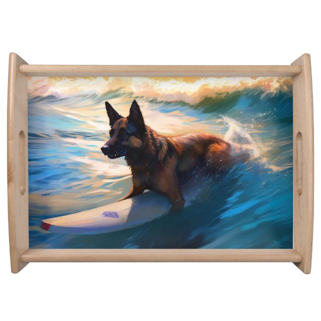 Belgian Shepherd  Beach Surfing Painting  Serving Tray (Front)