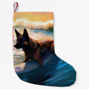Belgian Shepherd Beach Surfing Painting Small Christmas Stocking