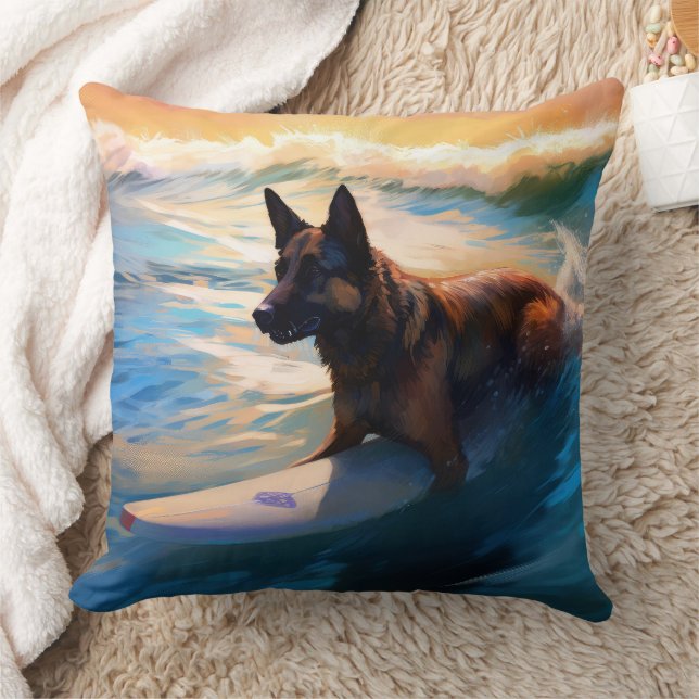 Belgian Shepherd  Beach Surfing Painting  Throw Pillow (Blanket)