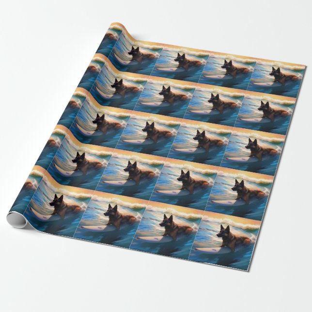 Belgian Shepherd  Beach Surfing Painting  Wrapping Paper (Unrolled)