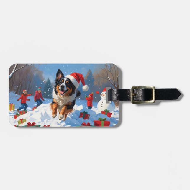 Belgian Shepherd  Christmas Festive Snow Scene Luggage Tag (Front Horizontal)