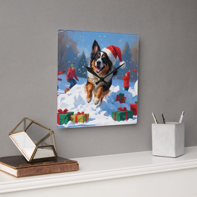 Belgian Shepherd  Christmas Festive Snow Scene Square Wall Clock (Office)