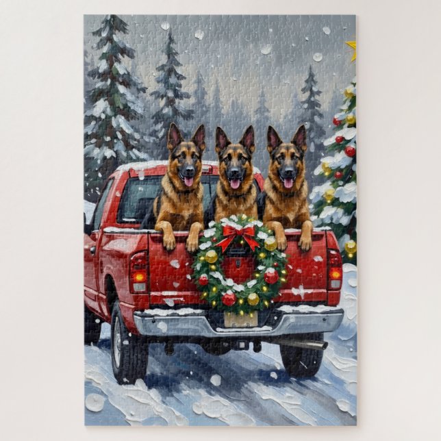 Belgian Shepherd Christmas Red Truck Holiday Jigsaw Puzzle (Vertical)