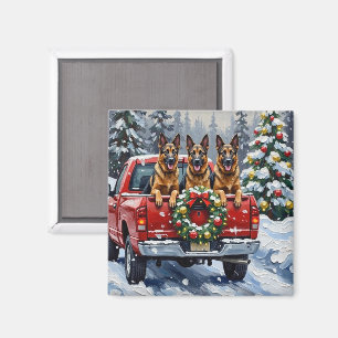 Belgian Shepherd Christmas Red Truck Holiday Magnet
