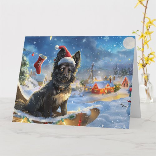 Belgian Shepherd Dog in Sleigh Snow Christmas Card