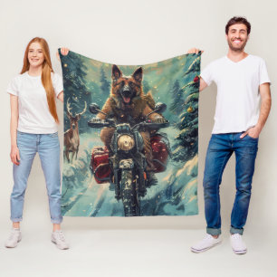 Belgian Shepherd Dog Riding Motorcycle Christmas Fleece Blanket