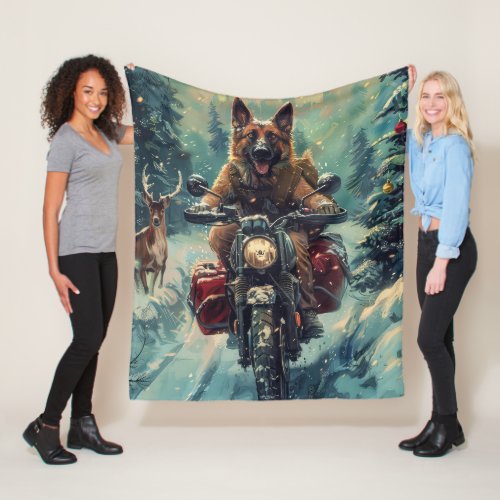 Belgian Shepherd Dog Riding Motorcycle Christmas Fleece Blanket