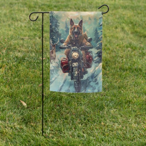 Belgian Shepherd Dog Riding Motorcycle Christmas Garden Flag