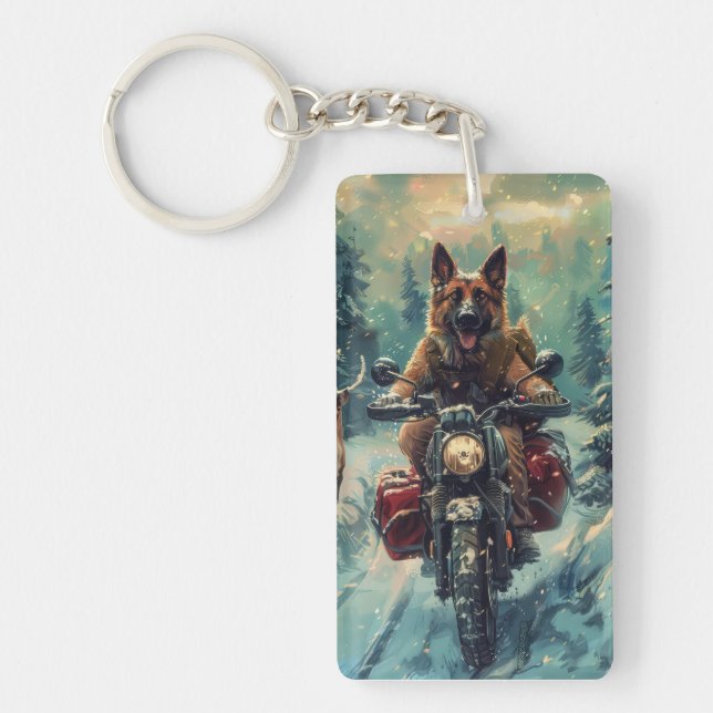 Belgian Shepherd Dog Riding Motorcycle Christmas Keychain (Front)