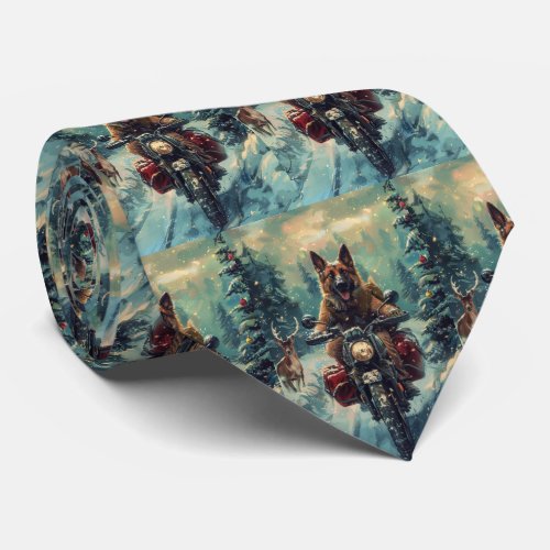 Belgian Shepherd Dog Riding Motorcycle Christmas Neck Tie