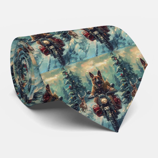 Belgian Shepherd Dog Riding Motorcycle Christmas Neck Tie (Rolled)