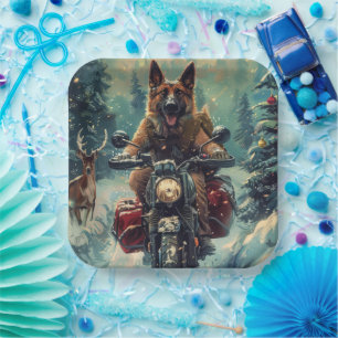 Belgian Shepherd Dog Riding Motorcycle Christmas Paper Plates