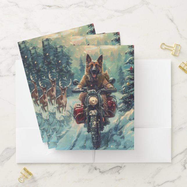 Belgian Shepherd Dog Riding Motorcycle Christmas Pocket Folder (In Situ)