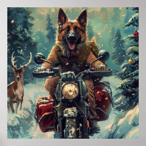 Belgian Shepherd Dog Riding Motorcycle Christmas Poster