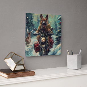 Belgian Shepherd Dog Riding Motorcycle Christmas Square Wall Clock