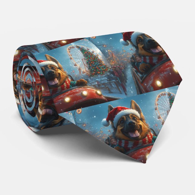 Belgian Shepherd Dog Roller Coaster Christmas Neck Tie (Rolled)