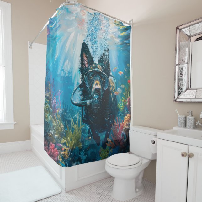 Belgian Shepherd Dog Scuba Diving Underwater Shower Curtain (In Situ)