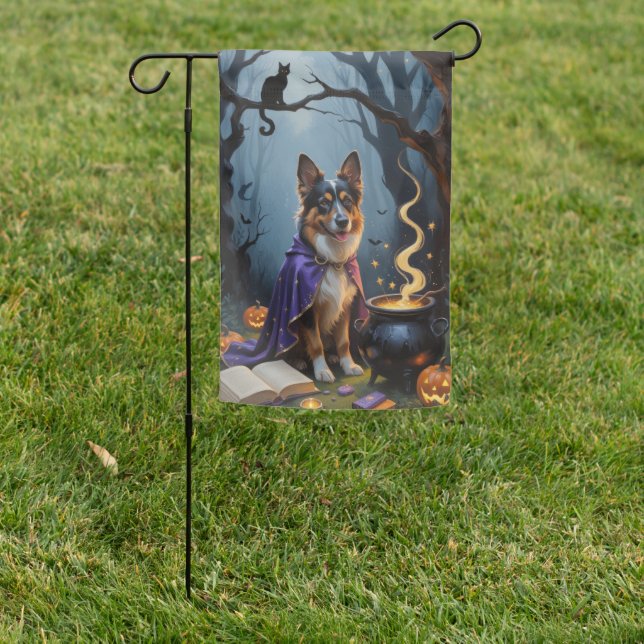 Belgian Shepherd Dog Whimsical Halloween Painting Garden Flag (In SItu)
