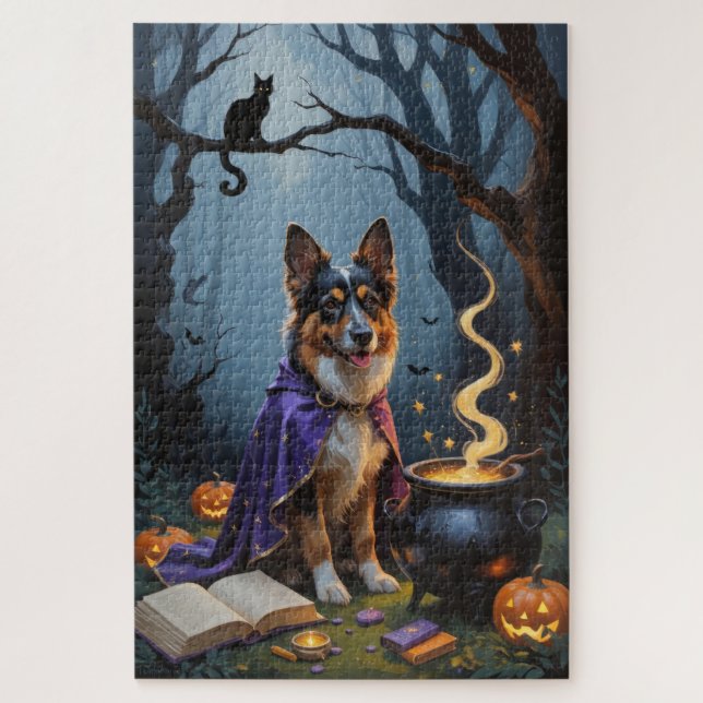 Belgian Shepherd Dog Whimsical Halloween Painting Jigsaw Puzzle (Vertical)