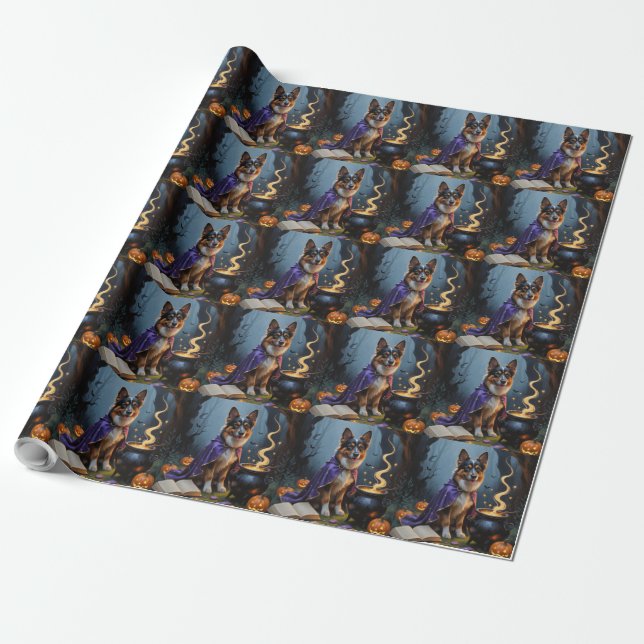 Belgian Shepherd Dog Whimsical Halloween Painting Wrapping Paper (Unrolled)
