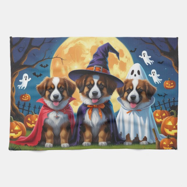Belgian Shepherd Dogs Pumpkin Halloween Funny Kitchen Towel (Horizontal)