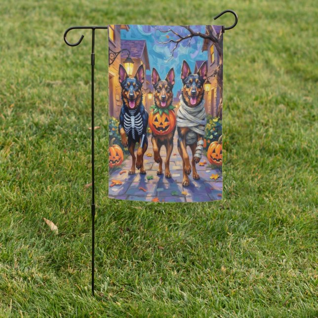 Belgian Shepherd Dogs Trick-or-Treating Halloween Garden Flag (In SItu)