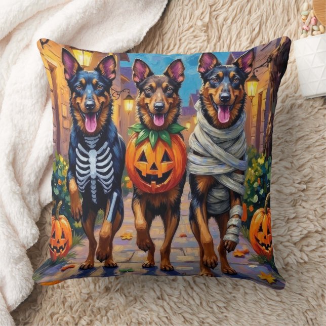 Belgian Shepherd Dogs Trick-or-Treating Halloween Throw Pillow (Blanket)