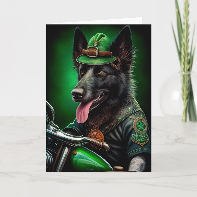 Belgian Shepherd driving bike St. Patrick's Day Card (Front)