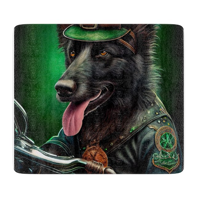 Belgian Shepherd driving bike St. Patrick's Day Cutting Board (Front)