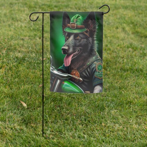 Belgian Shepherd driving bike St Patricks Day  Garden Flag