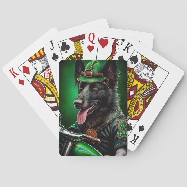 Belgian Shepherd driving bike St. Patrick's Day Poker Cards (Back)