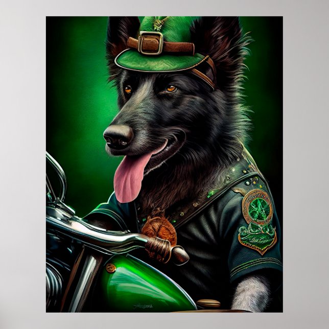 Belgian Shepherd driving bike St. Patrick's Day Poster (Front)